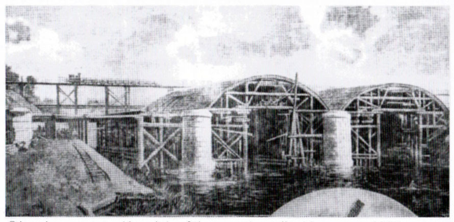 Die eingerüstete Kanalüberführung über die Lippe um 1896 - die damalige Brückenbautechnik