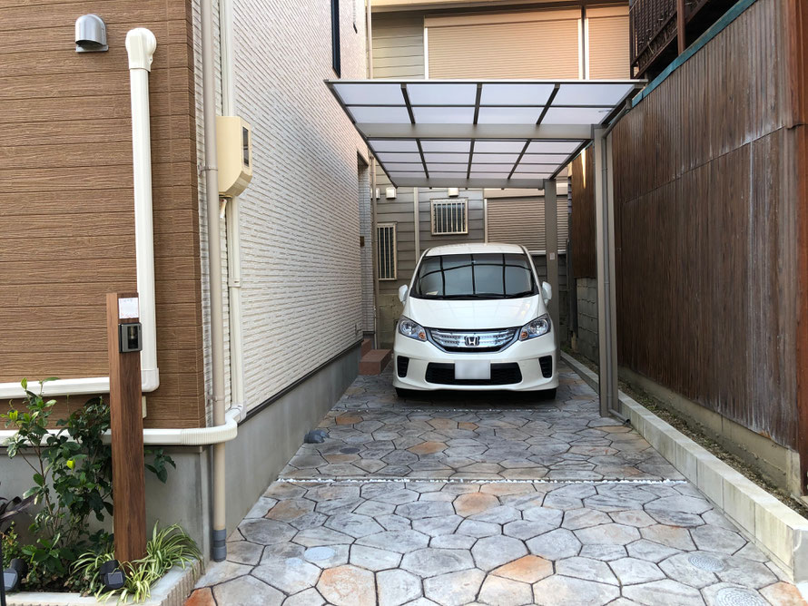 和風　和風モダン　和庭　造園　外構　庭　駐車場　スタンプコンクリート　デザインコンクリート　外溝　門　塀