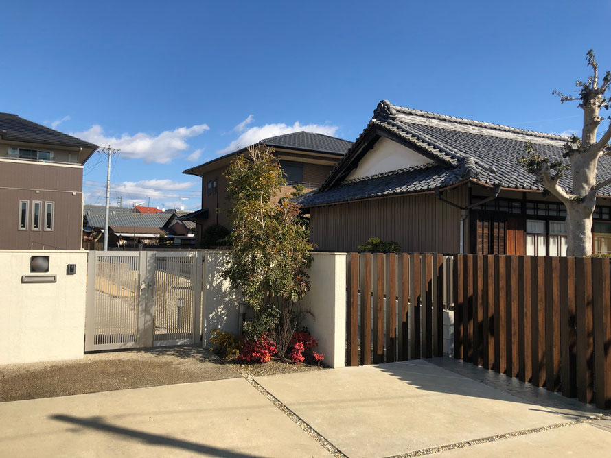 和風　和風モダン　和庭　造園　外構　庭　駐車場　スタンプコンクリート　デザインコンクリート　外溝　門　塀