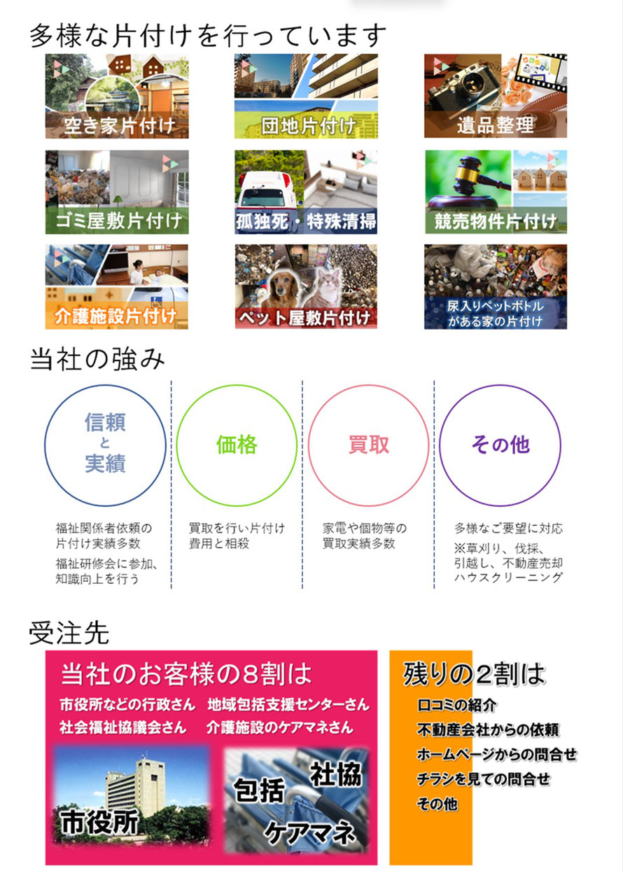 日本整理会社案内②（パンフレット） 遺品整理 孤独死 特殊清掃 ペット屋敷 犬猫屋敷 片付け 残置物撤去