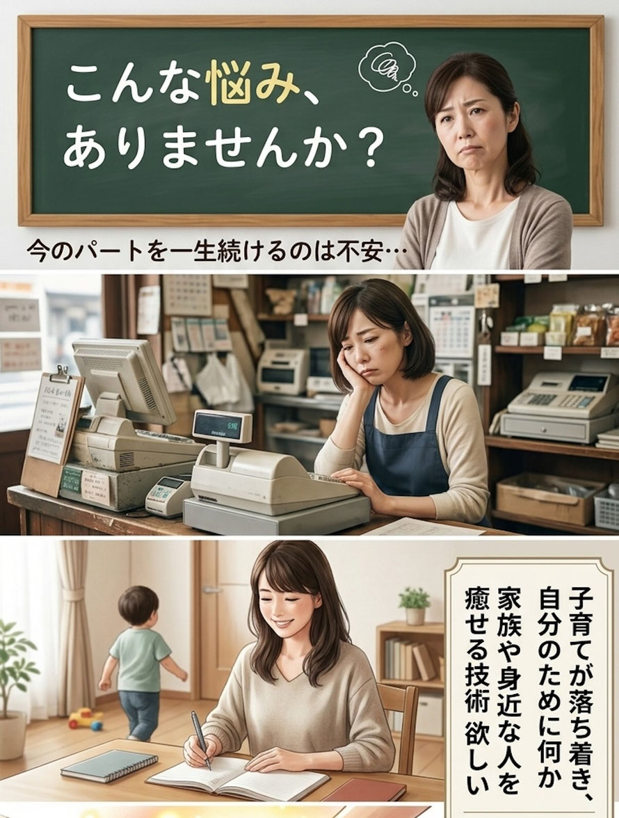 「こんな悩み、ありませんか？」という問いかけと3つのシーンの図解。1.悩む女性（今のパートを一生続けるのは不安…）、2.レジ打ちをしながら落ち込む女性、3.自宅で勉強しながら子供を見守る女性（子育てが落ち着き、自分のために何か家族や身近な人を癒せる技術欲しい）。