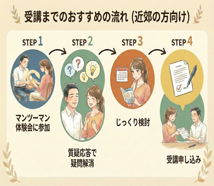 受講までのおすすめの流れ（近郊の方向け）のステップ案内（マンツーマン体験会に参加、質疑応答で疑問解消、じっくり検討、受講申し込み）