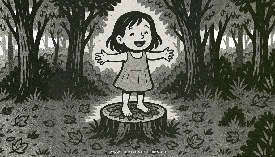 Illustration zu einem Fallbeispiel aus der Systemischen Praxis, Aufstellung Fehlgeburt, Mädchen steht im Wald auf einem Baumstrunk
