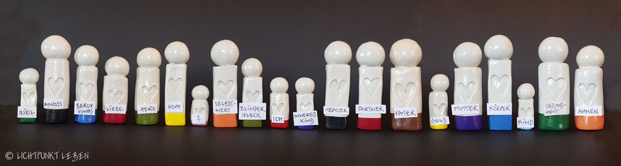 Foto von handgefertigten kleinen Tonfiguren, die für die Einzeltherapie bei Systemischen Aufstellungen verwendet werden können. Hier sind sie beschriftet, um eine Auswahl möglicher Positionen/Themen aufzuzeigen