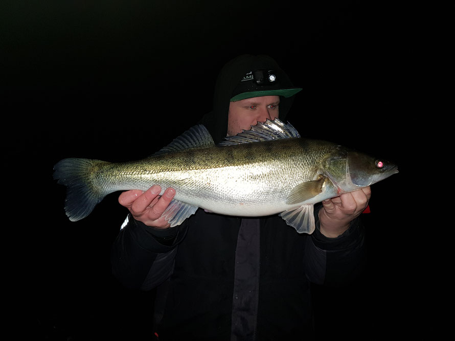 Teamer Marius mit einen "Test Zander" auf Fexi Fix "Nature Line" 90mm im Winter bei Frosttemperaturen