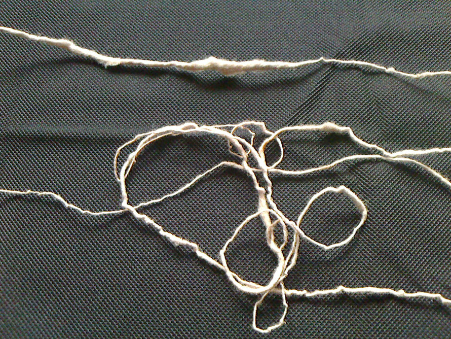 綿から少しずつ引き出しながら績んでいるために、一本の糸でも、所々太さがまちまちです。