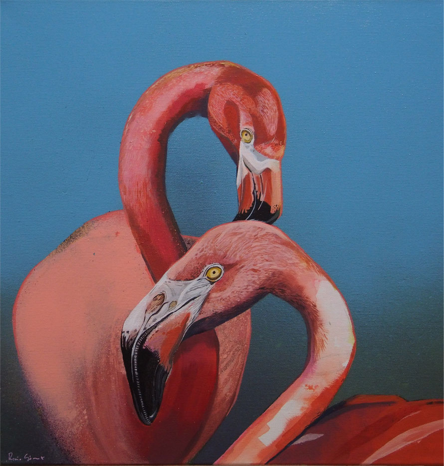 PAREJA DE FLAMENCOS, 39,5 x 39, 5 Acrílico sobre lienzo