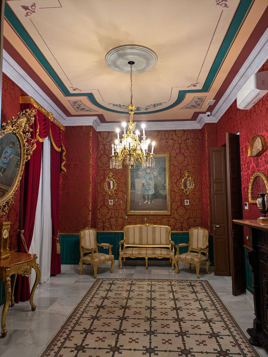 Salón tapizado en damasco e estucos y techo pintados.