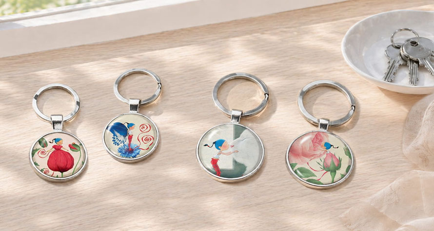4 porte-clés originaux, inspirés des illustrations de Timeliot (Coquelicot, papillon, chat et rose)