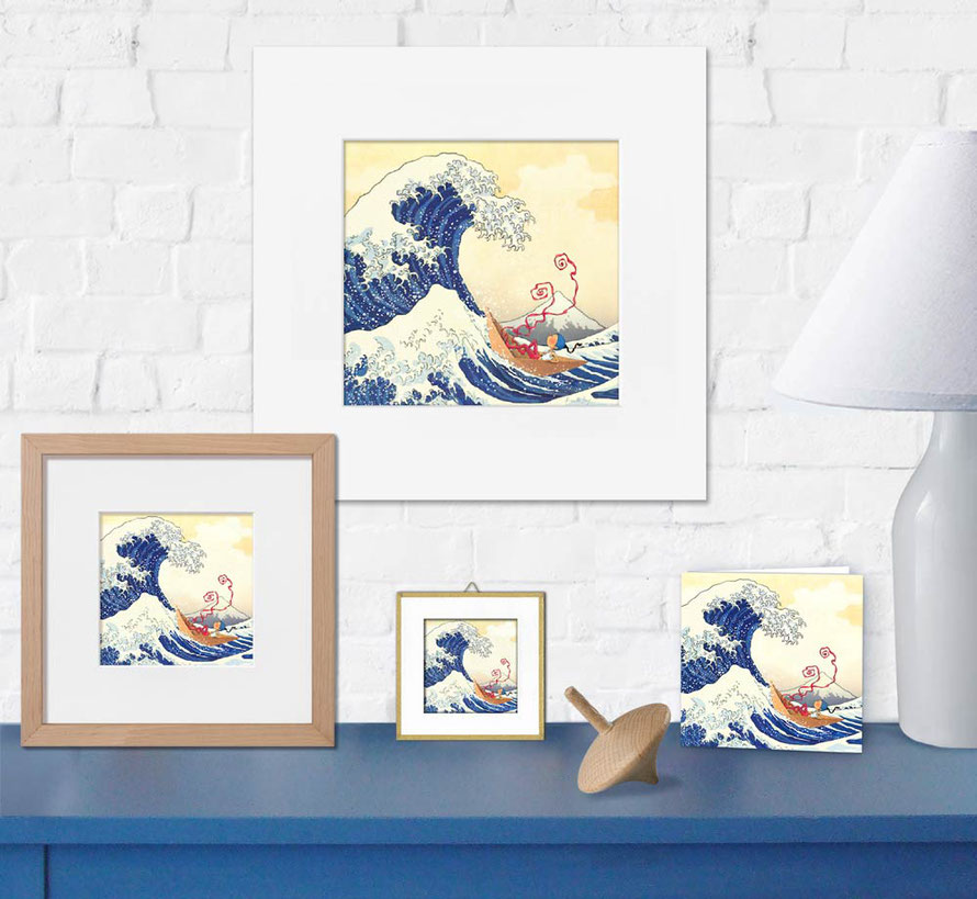 Illustration de Timeliot en bateau en papier dans l'estampe japonaise de Hokusai - La vague