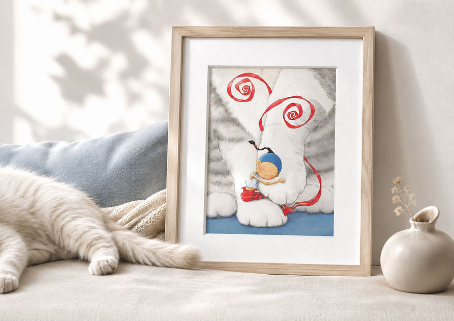 Illustration de Timeliot "Pattes de velours". Timeliot s'est lové entre les pattes d'un chat.