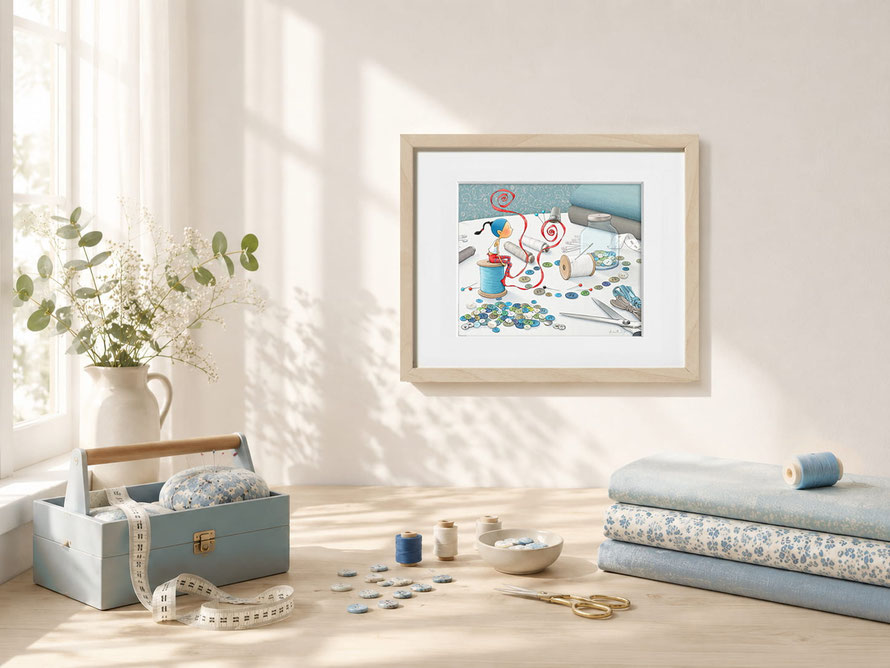 Illustration de Timeliot "L'ami de la boîte à couture" encadré au mur dans un atelier de couture