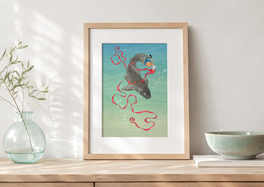 Illustration encadrée de Timeliot "La carpe", où Timeliot danse avec une carpe au fond de l'eau