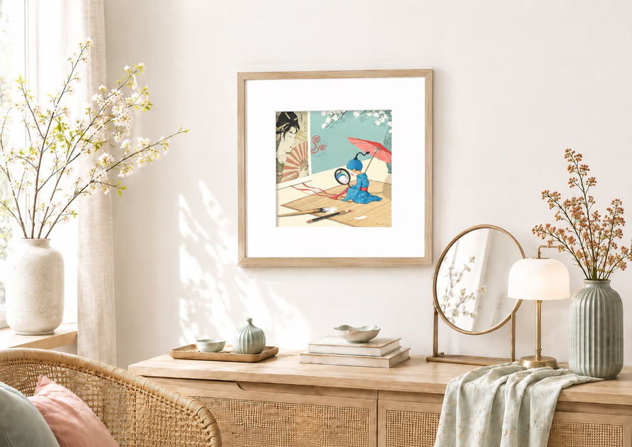 Illustration "Japonisme" de Timeliot est encadré au mur, dans un décor doux avec une coiffeuse. Sur le dessin, Timeliot dse déguise en petite Japonaise