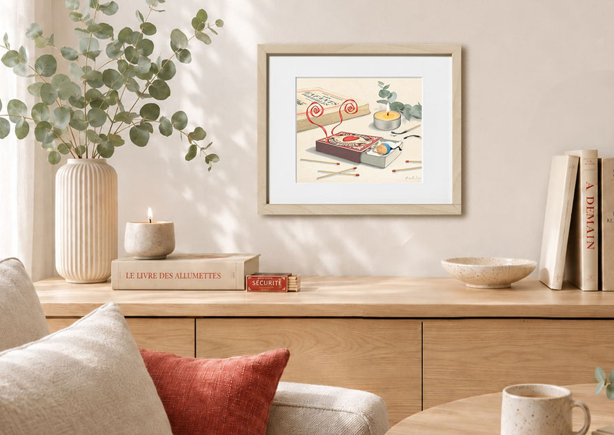 Illustration "Les allumettes" de Timeliot accroché au mur dans un salon actuel. Timeliot dort dans une boîte d'allumette, à côté d'une bougie allumée et le livre de Jean Cocteau" Les enfants terribles"