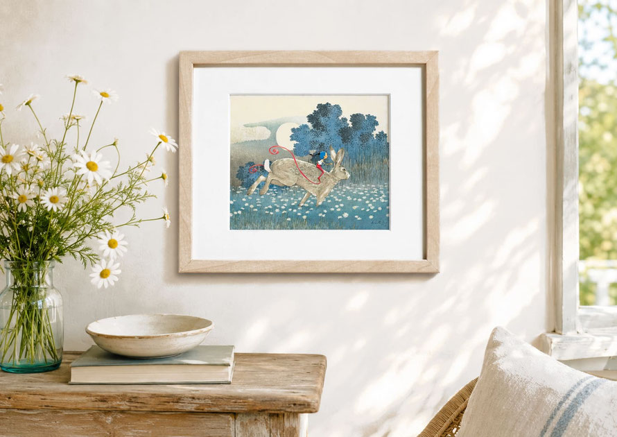 Illustration encadrée de Timeliot "Évasion champêtre", où Timeliot est à cheval sur un lièvre et galope dans un champ de paquerettes
