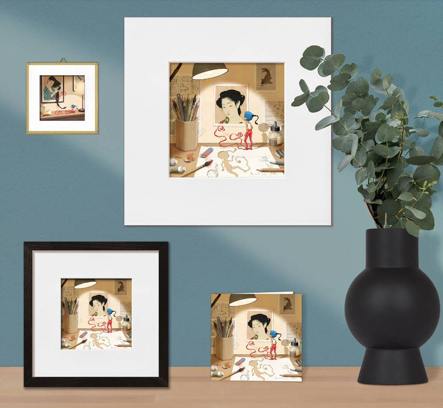 Illustration de Timeliot sur une table a dessin face à une femme d'estampe japonaise