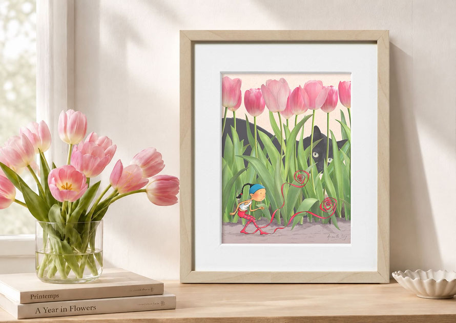 Illustration encadrée "La panthère noire". Timeliot joue à cache-cache dans les tulipes avec un chat noir