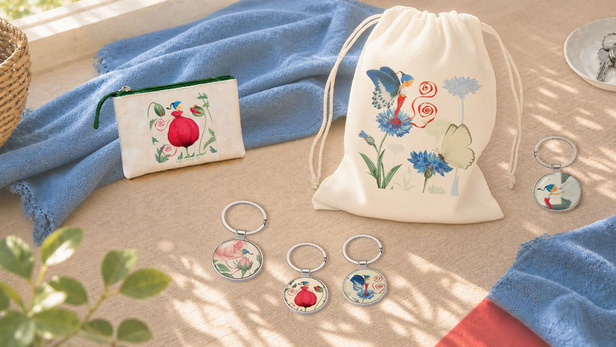 Des accessoires de Timeliot-cadeaux pour femme : pochon, sac-trousse et porte-clés