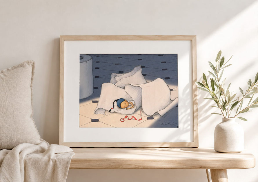 Illustration encarée de "La sieste". Timeliot dort sur le carrelage, enveloppé dans du papier toilette