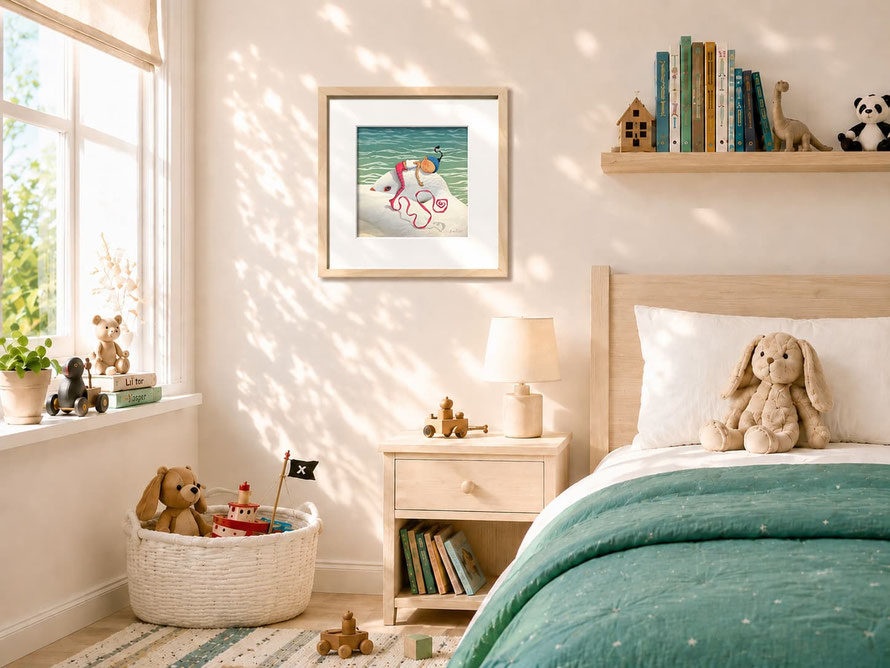 illustration "Oisivete" de Timeliot encadré sur le mur d'une chambre d'enfant