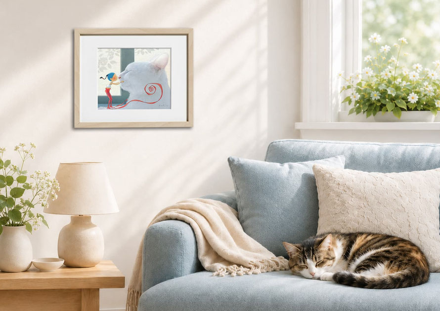 Illustration du Chat Blanc "Le baiser volé" en edition limitee de Timeliot, accroché au mur dans un salon. Un chat dort sur le canapé