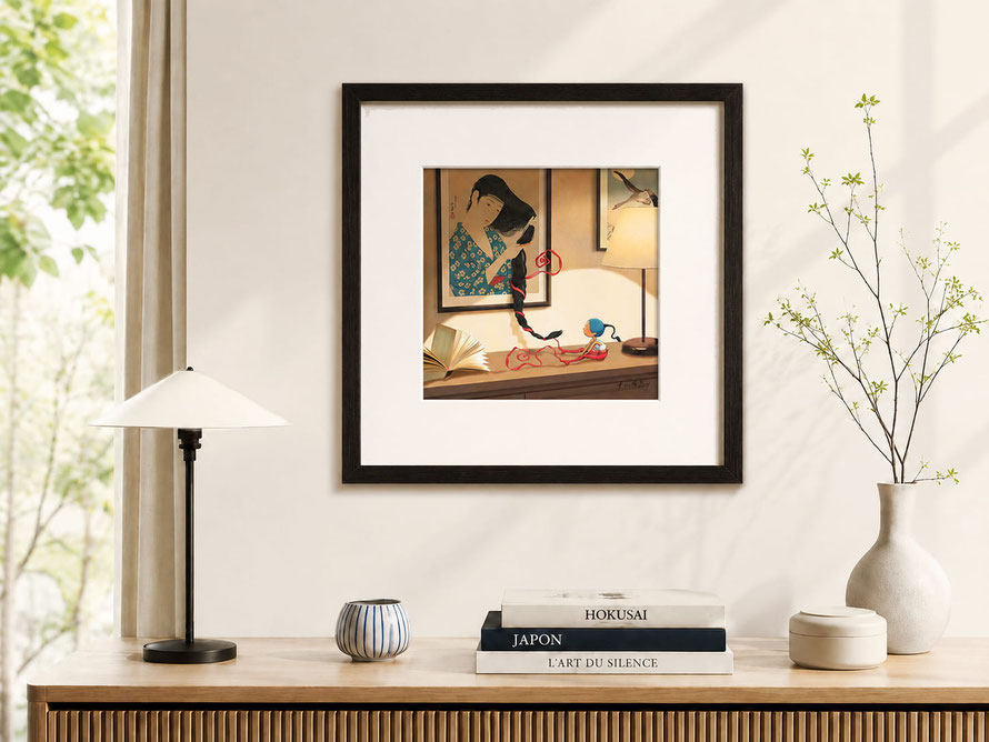 Illustration de Timeliot "La natte" encadrée au mur sur une commode