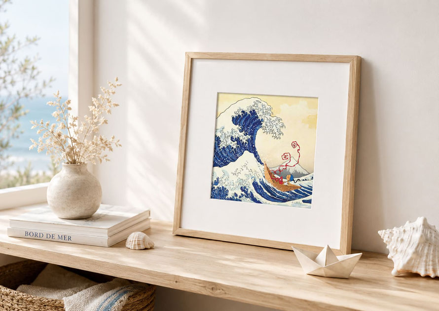 Illustration inspirée d'Hokusai "La grande Vague". Timeliot dans son petit bateau en papier est confronté à une énorme vague