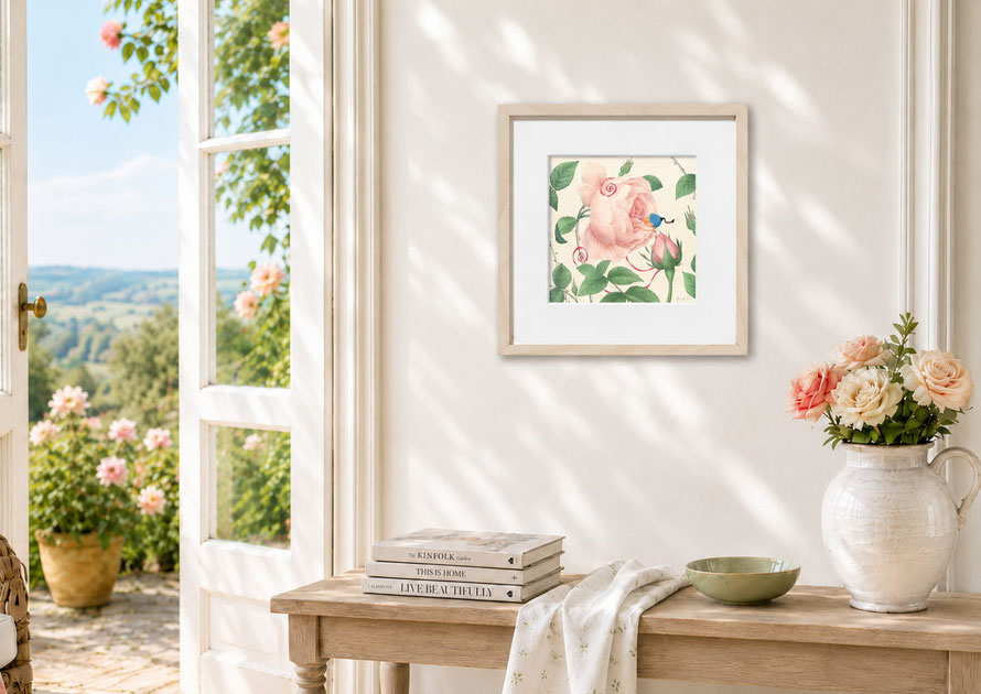 L'llustration de Timeliot "Allons voir si la rose..." est encadrée sur un mur. A côté, un bouquet de roses. Par la porte vitrée ouverte, on voit un beau paysage à l'horizon. Timeliot respire l'odeur d'une belle rose