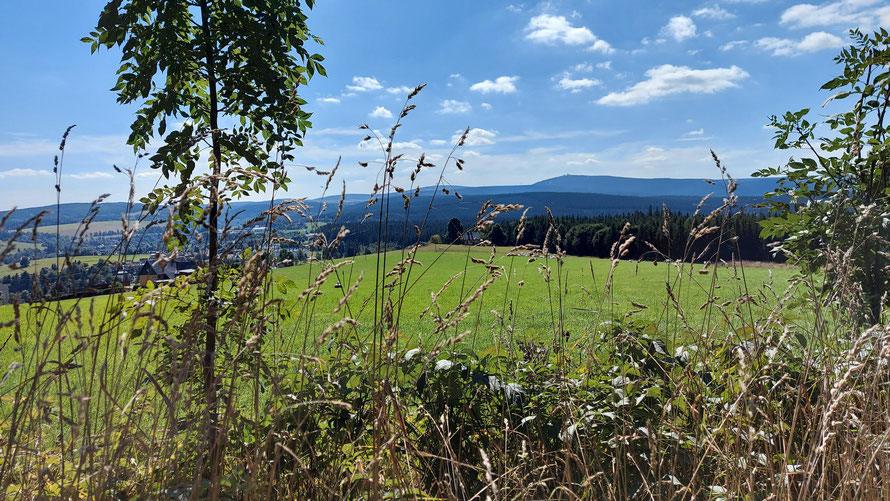 Vom Bärenstein nahe dem Pöhlbachtal aus sieht man Keilberg und Fichtelberg. 