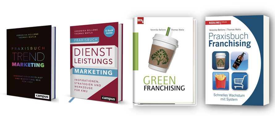 Bücher aus unserem Handapparat: Bellone/Matla: "Praxisbuch Trendmarketing" & "Praxisbuch Dienstleistungsmarketing"/beide Campus Verlag; "Green Franchising" und "Praxisbuch Franchising"/ beide Redline Verlag © Bellone Franchise Consulting GmbH