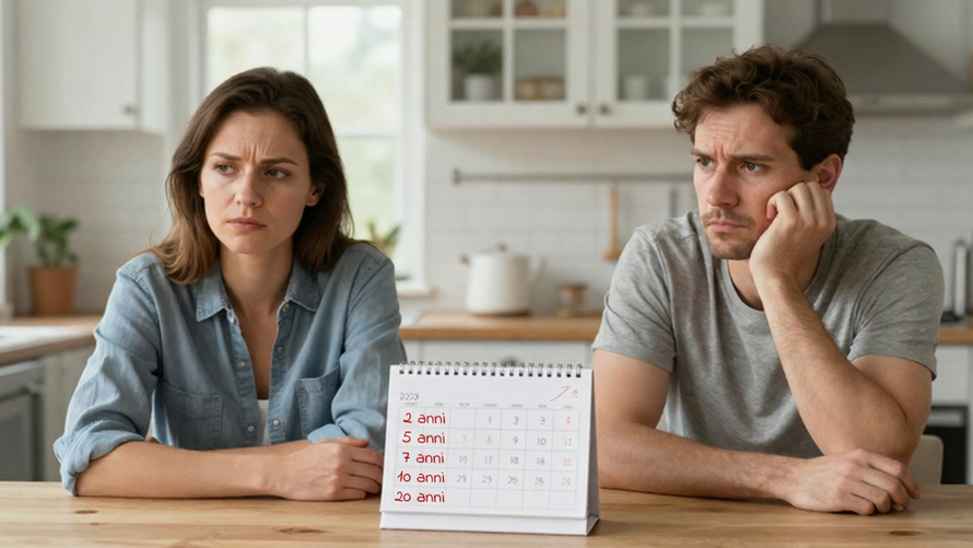Una coppia seduta in cucina osserva un calendario con indicati diversi anni della relazione, simbolo delle fasi in cui una coppia può attraversare una crisi.