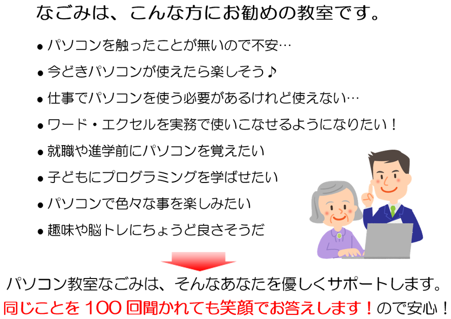 パソコン教室なごみは、こんな方におすすめの教室です。