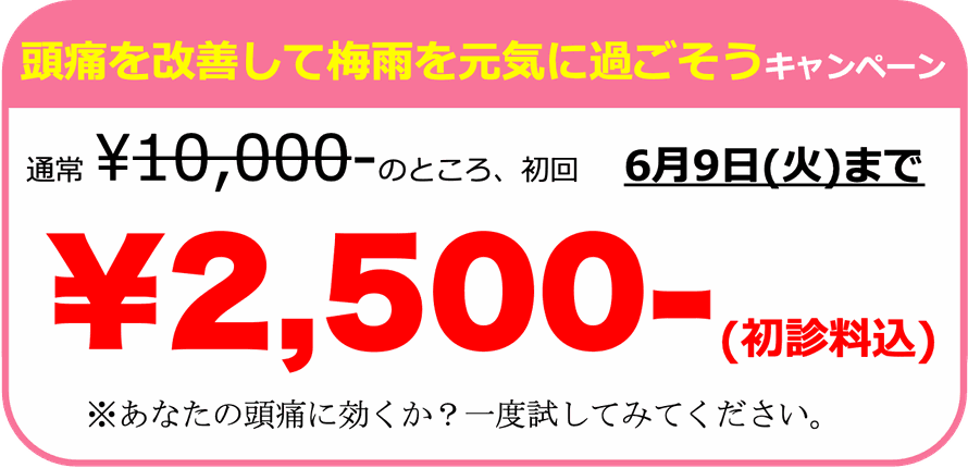 薬で治らないほどの頭痛を根本改善キャンペーン。通常10,000円のところ初回限定2,500円。あなたの頭痛に効くか？一回受けてみてください。調布　頭痛専門整体 彩り