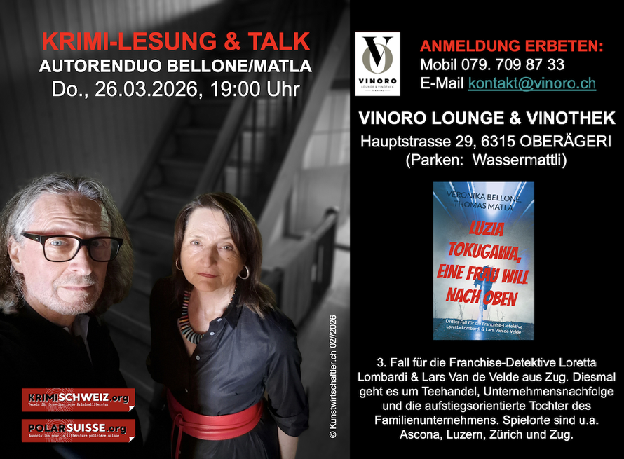 Krimi-Lesung am 26.03.2026, 19 Uhr, in der VINORO LOUNGE & VINOTHEK, Oberägeri © Bellone Franchise Consulting GmbH