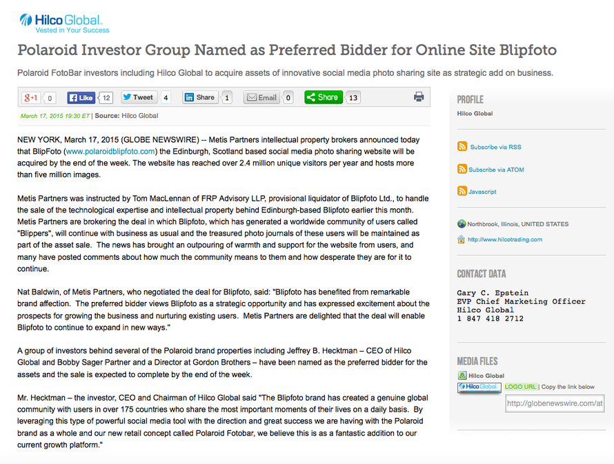 Beginning of the Hilco Global press release announcing its plan to acquire Blipfoto. Click for link. 