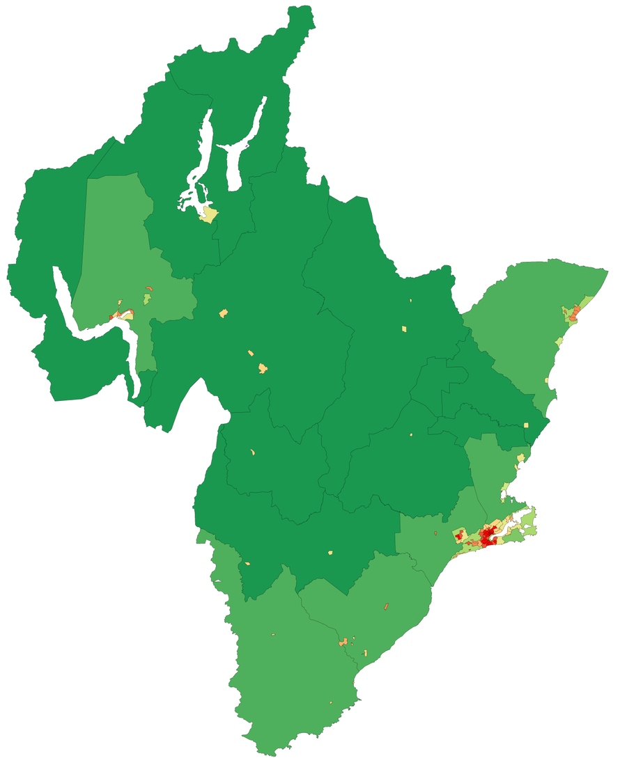 Population densities in the Otago Region with Dunedin (mid-right) and Queenstown (top-left) in bright red. The dark green is less than 1 person per square km and lighter green is 1-5 people per square