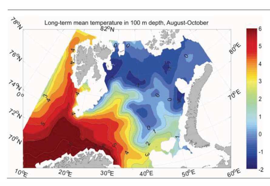 Average temperatures in the Barents Sea at 100 m for August-October 1977-2007 (from Joint Norwegian-Russian environmental status 2008 Report on the Barents Sea Ecosystem). 