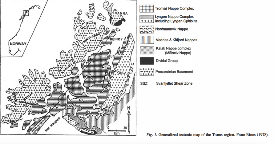 From Coker-Dewey, J., Steltenpohl, M. G. & Andresen, A.: Geology of western Ullsfjord, North Norway, with emphasis on the development of an inverted metamorphic gradient at the top of the Lyngen Nappe Complex. Norsk Geologisk Tidsskrift, Vol. 80, 2000.