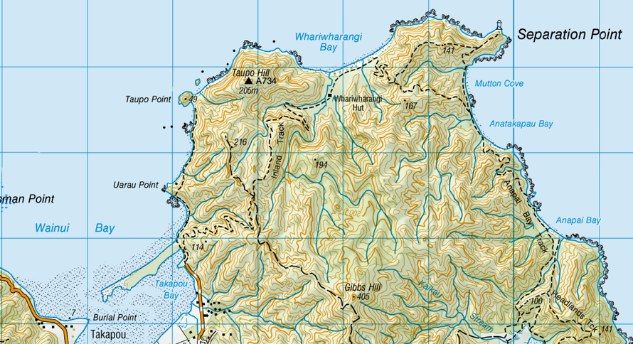 Map showing Taupo Point and the path from Takaou Bay in the Abel Tasman National Park (NZ Topo Map