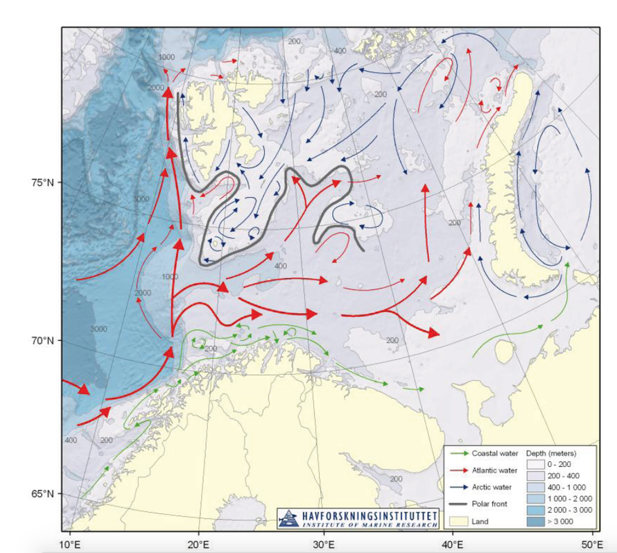 Main features of circulation and bathymetry in the Barents Sea (from Joint Norwegian-Russian environmental status 2008 Report on the Barents Sea Ecosystem). 