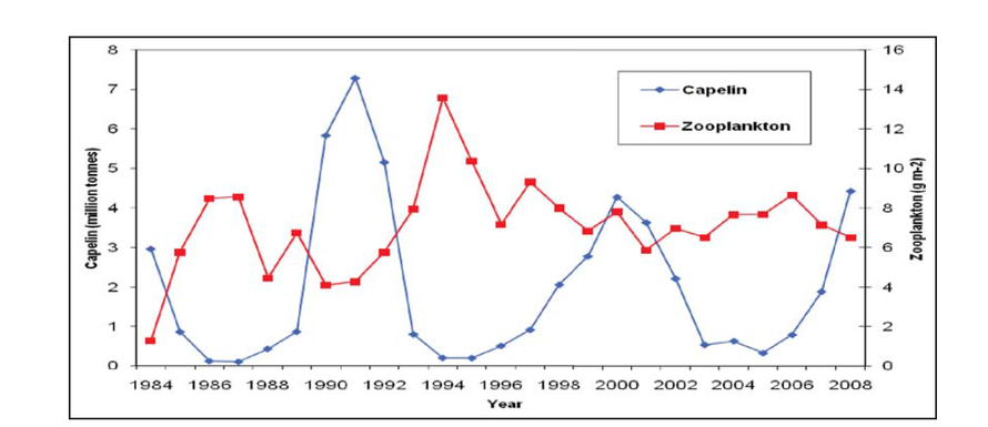 Annual fluctuations in zooplankton biomass and size of capelin stock in the Barents Sea (from Joint Norwegian-Russian environmental status 2008 Report on the Barents Sea Ecosystem). 