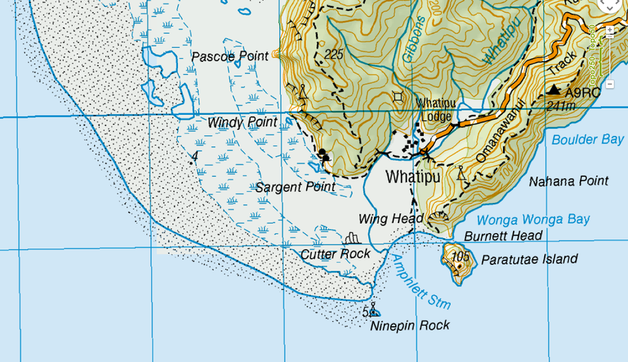 Whatipu on the north side of the Manukau Entrance with its rocks, beaches, marshes, lagoons and the Watakere Ranges (NZ Topomap).