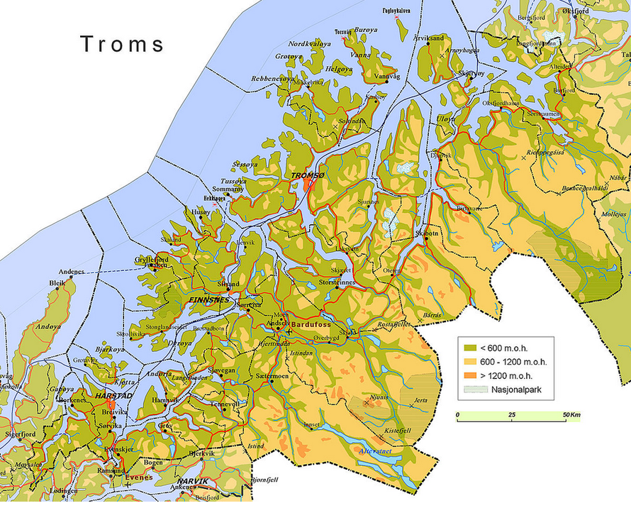 The county of Troms in Arctic Norway (Wikimedia Commons). Troms has a population of about 157,000. 