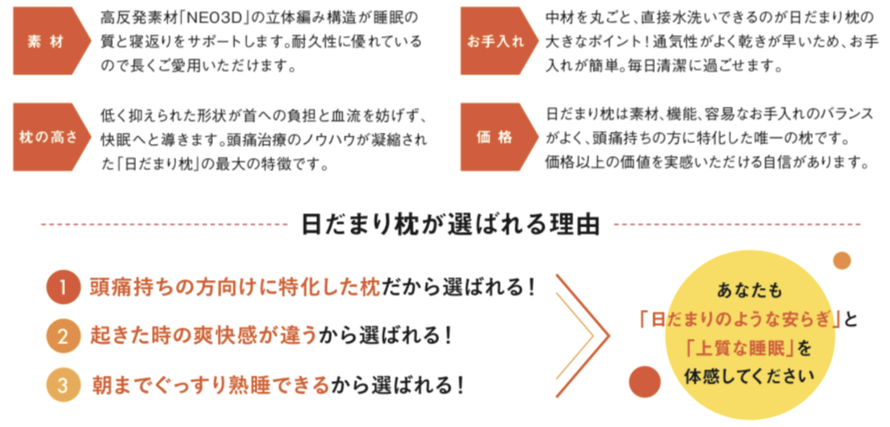 頭痛持ちの方に向けた枕。起きた時の爽快感の違い。朝までぐっすり熟睡できる。