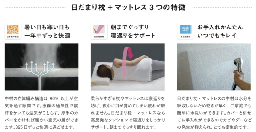日だまり枕・マットレス。洗える。一年中快適。朝までぐっすり！お手入れ簡単。お得な買い物