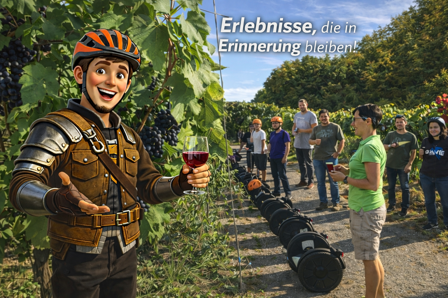 Gruppe bei Segway-Tour in Weinsberger Weinbergen mit Weinglas und Götzi Maskottchen