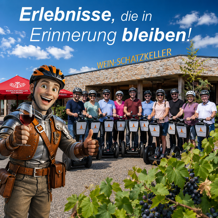 Gruppe bei Segway-Tour vor dem Weinschatzkeller Heilbronn mit Götzi Maskottchen
