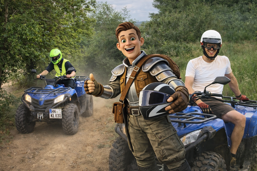 Teilnehmer bei Offroad Quad-Tour mit eigenem Quad in Möckmühl mit Götzi Maskottchen