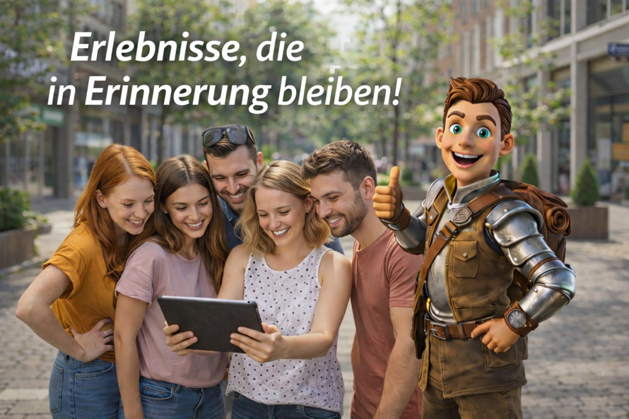 Gruppe mit Tablet bei CityEscape Stadtabenteuer mit Götzi Maskottchen